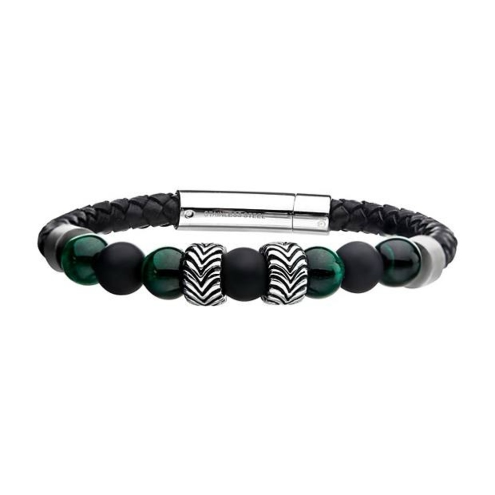Men's Stainless Steel Tiger's Eye Beaded Leather Bracelet